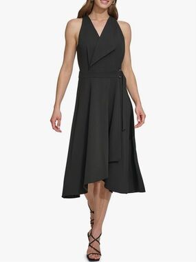 DKNY Black Halter Asymmetrical Wrap Midi Dress Size 2